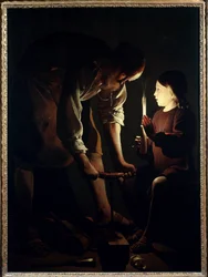 San Giuseppe falegname, Gesù bambino tiene una candela per illuminare suo padre Giuseppe al lavoro