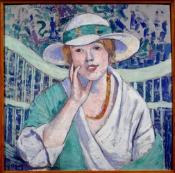 Ritratto di signora con cappello bianco e verde