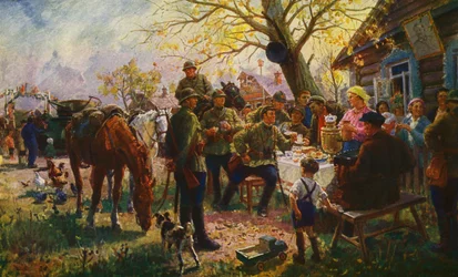 Alle manovre. Sosta con gli agricoltori collettivi (litografia a colori)