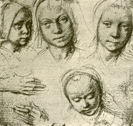 Quattro teste di una giovane ragazza e due mani, c1500-1505