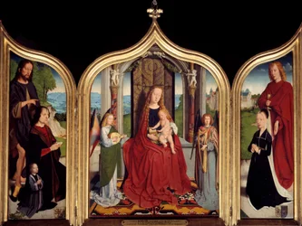 Trittico della famiglia Sedano: al centro la Vergine e il Bambino tra due angeli musicali, a sinistra Giovanni di Sedano e suo figlio presentati da San Giovanni Battista, a destra sua moglie e San Giovanni evangelista. Dipinto di Gerard David