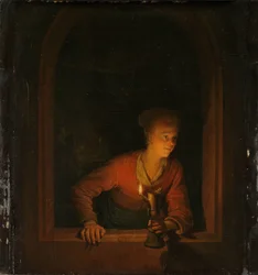 Ragazza con una lampada a olio alla finestra