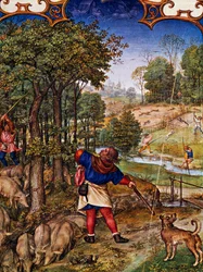 Mese di novembre, raccolta di ghiande e caccia alla lepre, miniatura dal Breviario Grimani, con miniatura di Gerard Horenbout, Alexander e Simon Bening, cod Lat I, 99 f 11v, Paesi Bassi