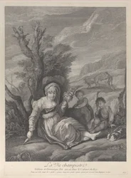 Una donna di campagna seduta nel paesaggio con due ragazzi al suo fianco, 1729-40