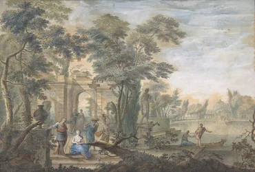 Paesaggio arcadico con diverse figure e una statua di Diana