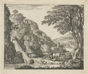 Pastore con animali vicino a una cascata