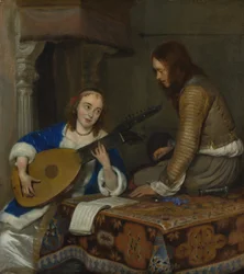 Una donna che suona il tiorbo e un cavaliere
