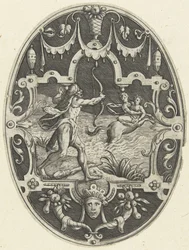 Decorazione piatta: Ercole spara al centauro Nesso che cerca di rapire Deianira (Ovale vlakdecoraties met de daden van Hercules in grotesken)