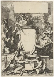 Cartiglio circondato da figure allegoriche