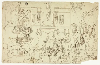 Copie da illustrazioni di statue e dipinti (recto); Misure dello scheletro di un uomo (verso)