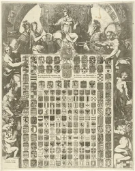 Stemma del principe Guglielmo III in una cornice allegorica (De LXIIII Geslacht Wapenen van de Prins van Oraenjen etc. e de Wapenen der 7 Vereenigde Nederlanden met hare Steden etc.)