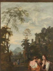 Paesaggio italiano con tre donne che fanno musica