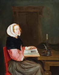 Interno con donna seduta a un tavolo che regge un libro (olio su tavola)