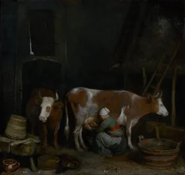 Una domestica munge una mucca in una stalla