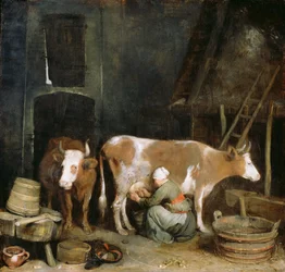 Una Cameriera che Munge una Mucca in una Stalla