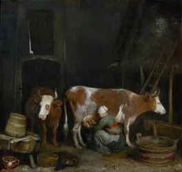 Una domestica che munge una mucca in una stalla, c.1652-54