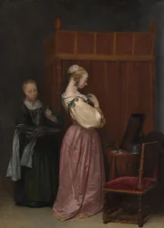 Una giovane donna alla sua toilette con una cameriera, c.1650-51