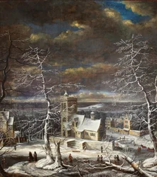 Un villaggio in inverno in un paesaggio esteso con figure sul ghiaccio