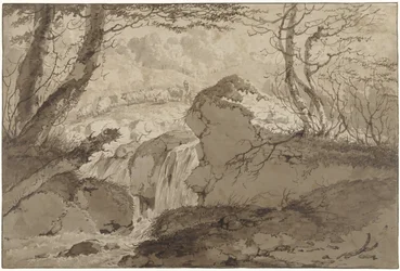 Paesaggio montano con cascata tra gli alberi, lungo il quale un pastore conduce il suo gregge