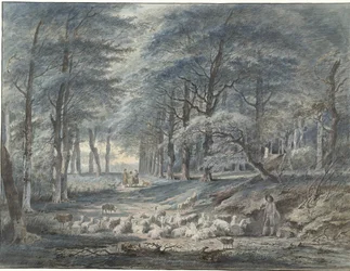 Vista del bosco con un pastore e pecore e tre figure