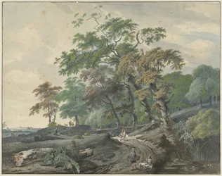 Paesaggio con una strada attraverso un bosco e un falconiere
