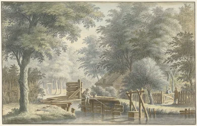 Paesaggio con un ponte su cui un pescatore