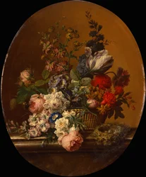 Natura morta di fiori in un cesto con un nido di passero su un cornicione di pietra