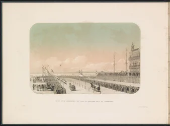 Gara di slitte sul fiume Mosa a Rotterdam, 1855 (serie: Il divertimento sul ghiaccio sul fiume Mosa a Rotterdam nel febbraio 1855, con didascalie)