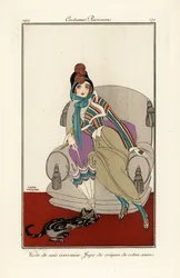 Donna con gilet di seta scozzese, gonna di cotone crepe