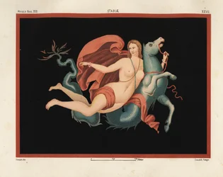 Una Nereide (ninfa del mare) con mantello e braccialetti che cavalca un mostro marino o ippocampo, metà cavallo e metà pesce. Museo Naz. XXII, Stabiae. Disegnato e cromolitografato da Victor Steeger da Emile Presuhn (1844-1878) Le più belle pitture di Pomp