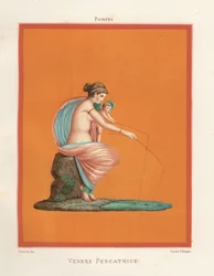 Affresco di Venere e Cupido che pescano con le canne da un laghetto. Trovato in Regio V.V.3, la Casa dei Gladiatori. Cromolitografia di Victor Steeger dopo un