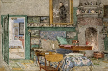 Il salotto con il caminetto della casa dell’artista Leveld a Lysaker