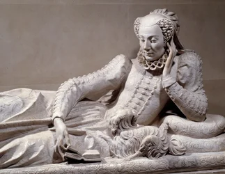 Monumento funerario: tomba con effigie di Jeanne Valentine Balbiani (1518-1572), moglie del cardinale René de Birague (1506-1583), cancelliere di Francia. Dettaglio. Scultura in marmo di Germain Pilon (1535-1590), circa 1573. Parigi, Musée du Louvre