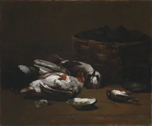 Natura morta con uccelli morti e un cesto di ostriche