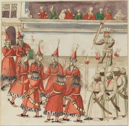 Sette uomini in rosso raccolti in cerchio