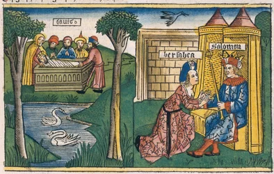 1 Re 2, 10-11 La morte di Davide, e 2 Re 19-25 Betsabea chiede a Salomone che Abisag sposi Adonia, dalla Bibbia di Norimberga (Biblia Sacra Germanaica)