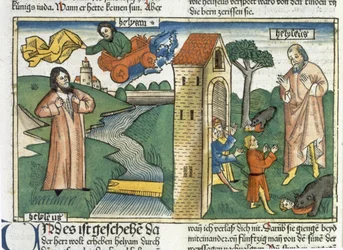 Elia ascende al cielo in un turbine e i ragazzi che deridono Eliseo sono mangiati dagli orsi, dalla Bibbia di Norimberga (Biblia Sacra Germanaica)