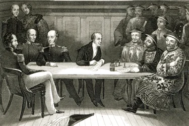 Una conferenza a Chusan tra il commodoro Bremer e Chang, un funzionario cinese, a bordo della HMS Wellesley, 4 luglio 1841
