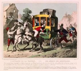 Una coppia in luna di miele viene attaccata da briganti in Italia, foglio illustrato pubblicato da Gangel & P. Didion, Metz, c.1850