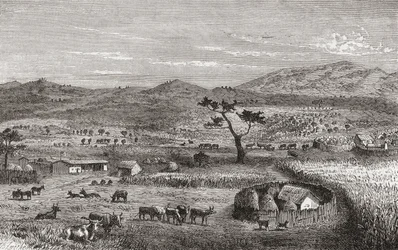 Un insediamento a Kouihara, Africa occidentale, illustrazione da 