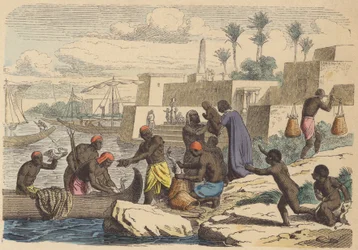 Pescatori egiziani antichi (incisione colorata)