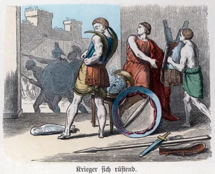 Storia antica. Grecia. Guerrieri greci si armano per la guerra. ... (incisione)