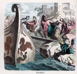 Storia antica. Grecia. Saccheggio di una città da parte di pirati greci. Tedesco ... (incisione)