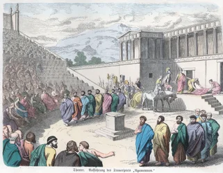 Storia antica. Grecia. Teatro, rappresentazione di Agamennone. Tedesco ... (incisione)