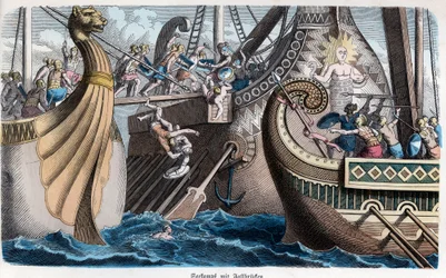 Storia antica. Roma. Imbarco in una battaglia navale... (incisione)