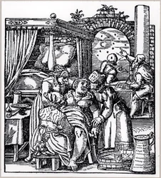 Astrologi che calcolano un oroscopo per il bambino nato da una donna su una sedia da parto, da De Conceptu et Generatione Hominis di Jacob Rueff, pubblicato a Francoforte, 1587