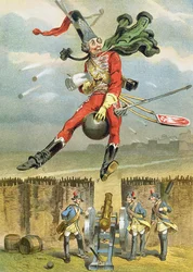 Il barone di Münchhausen vola sopra le linee nemiche su una palla di cannone, illustrazione da un