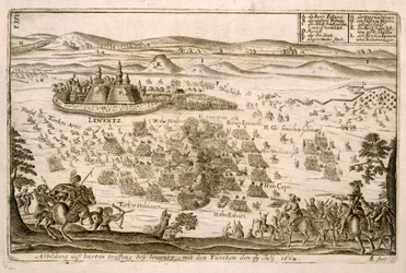 Battaglia vicino alla città di Levice nel 1664, illustrazione da un libro sulle campagne ottomane in Europa, inciso da Paul Furst (c.1605-66)