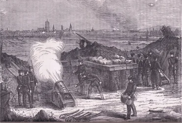 Bombardamento di Schelestadt, Cassells History of the War between France and Germany pubblicato da Cassell and Company Limited, c.1890 (litografia)