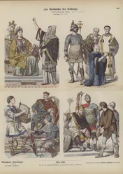 Costumi franchi carolingi, VIII secolo (incisione colorata)